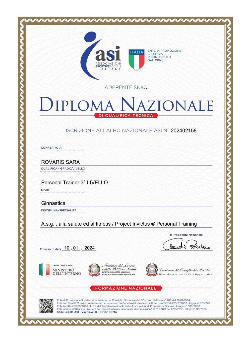 Diploma Nazionale ASI - Personal Trainer 3 livello